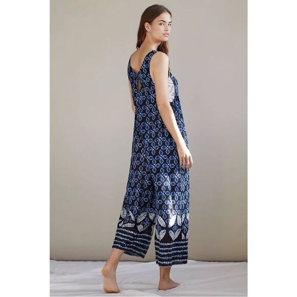 Anthropologie Bristol Camelia Navy Blue Print Wide-Leg Pockets Jumpsuit Medium - Picture 2 of 3